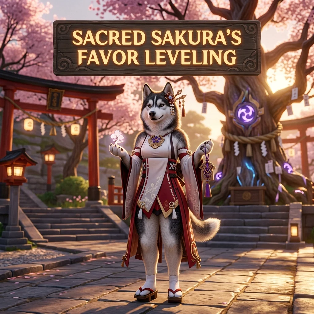 Promotional image representing a Sacred Sakura’s Favor leveling boost service in Genshin Impact.