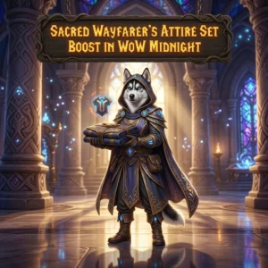 Promotional image for the Sacred Wayfarer’s Attire Set Boost service in World of Warcraft: Midnight