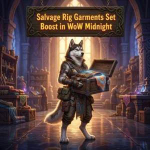 Promotional image for the Salvage Rig Garments Set Boost service in WoW Midnight.