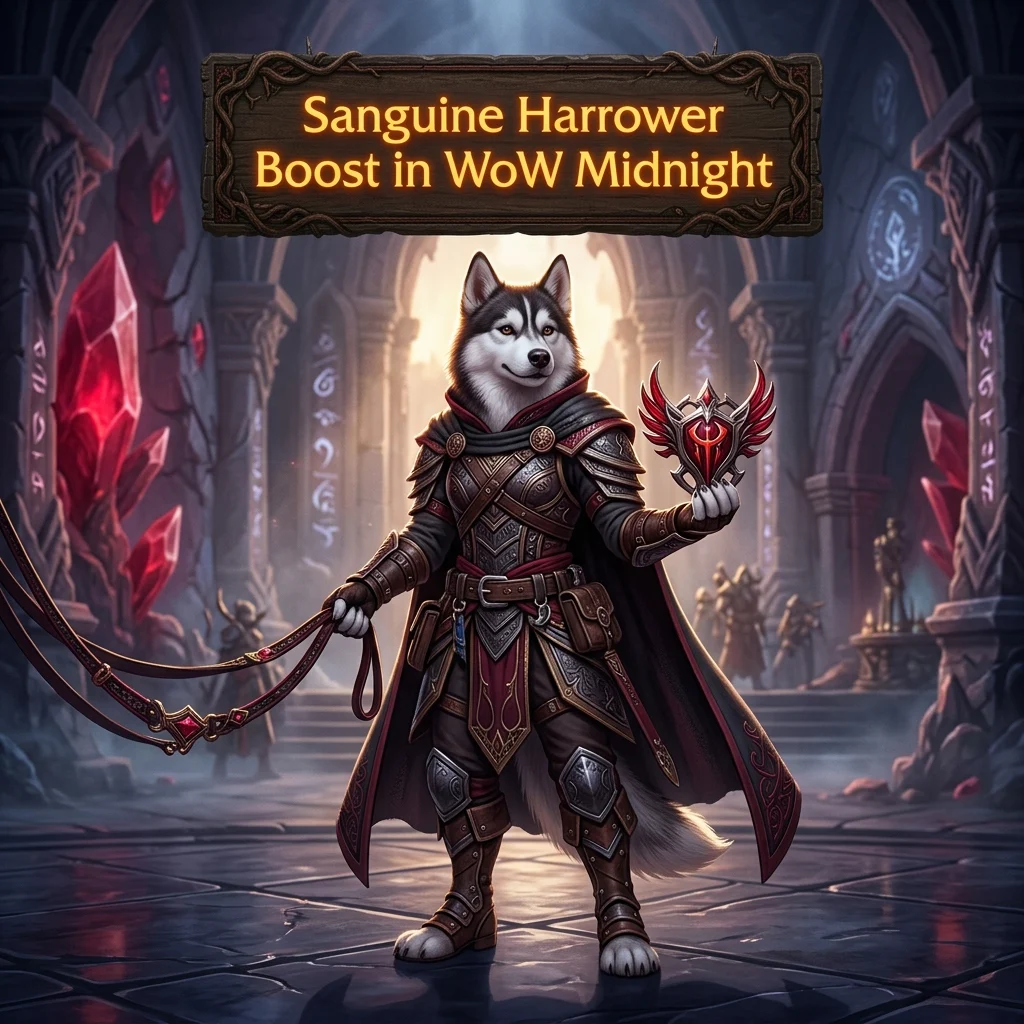 Promotional image for the Sanguine Harrower Boost in WoW Midnight service.