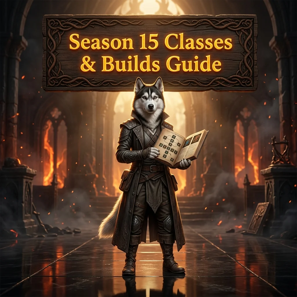 Square promotional image for the Season 15 Classes & Builds Guide in Diablo 4, focused on class choices and build guidance.