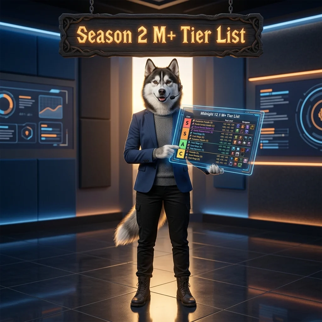 Square promotional image for the Season 2 M+ Tier List in Midnight 12.1, presenting the service for M+ tier list guidance.