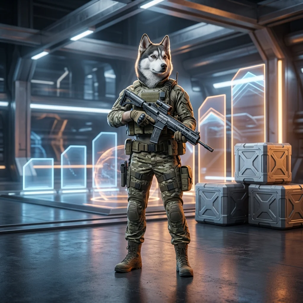 Illustration d’un service de progression de niveau pour joueurs de Wardogs, sans texte lisible ni signe visible.