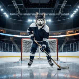 Ilustração temática de serviços de boosting para NHL, com composição visual inspirada em um ambiente de jogo esportivo.