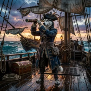 Illustrazione a tema Sea of Thieves con un’ambientazione piratesca, senza testo né elementi leggibili.