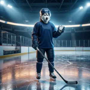 Illustrazione sportiva ispirata alla NHL, con un’ambientazione di hockey su ghiaccio e senza testo leggibile.