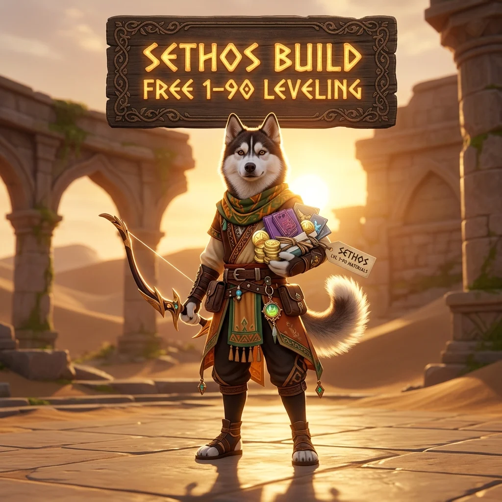 Promotional image for the Sethos Build Free 1–90 Leveling Boost service in Genshin Impact