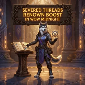 Promotional image for Severed Threads Renown Boost in WoW Midnight, a service focused on in-game renown progression.