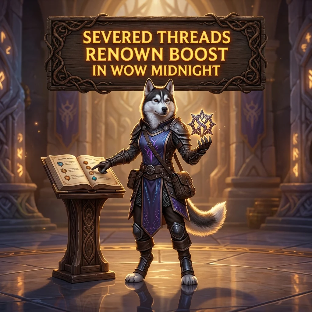Promotional image for Severed Threads Renown Boost in WoW Midnight, a service focused on in-game renown progression.