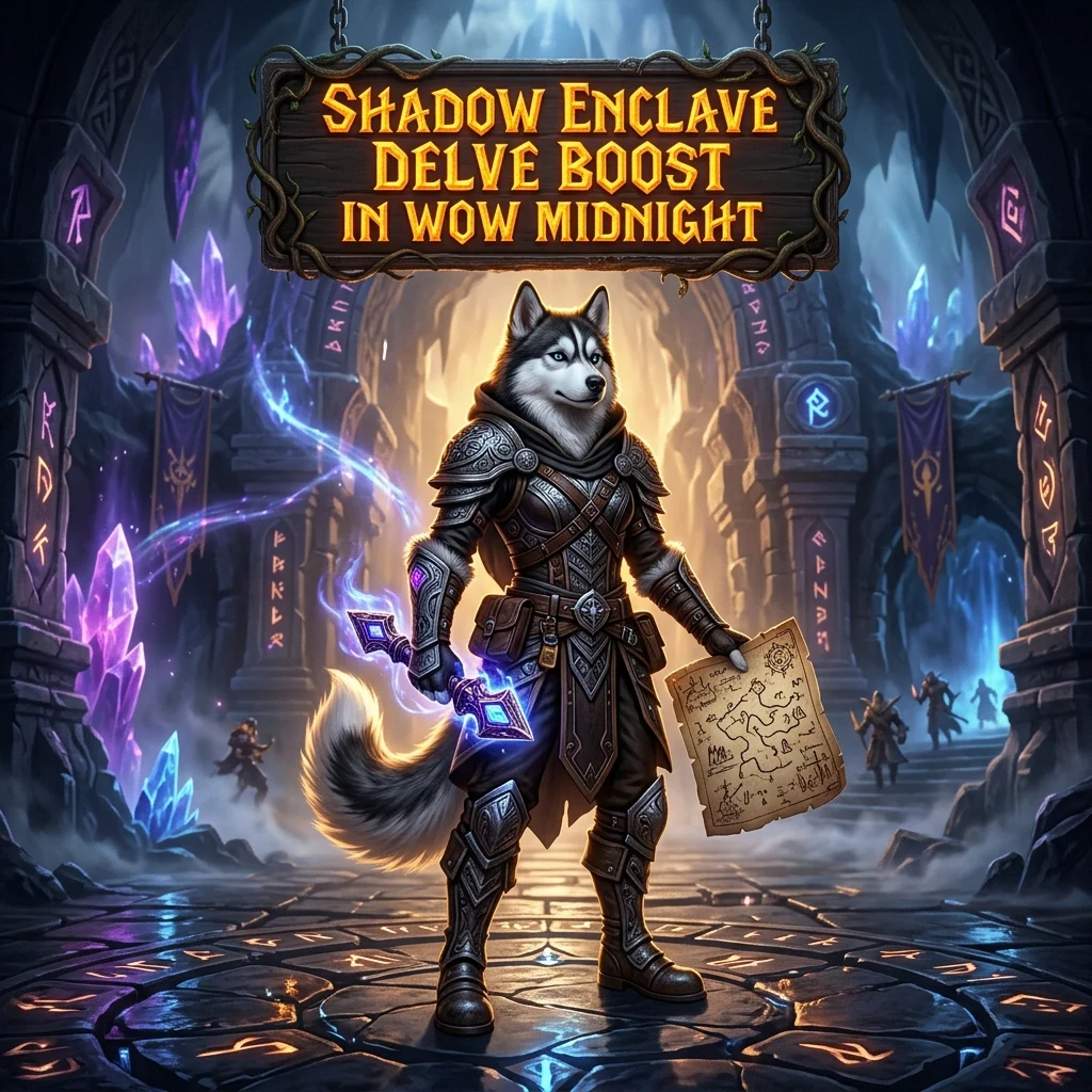 Promotional image for the Shadow Enclave Delve Boost in WoW Midnight service.