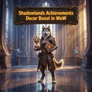 Promotional image for Shadowlands Achievements Decor Boost in WoW, representing a service focused on achievement-related decor boosts.