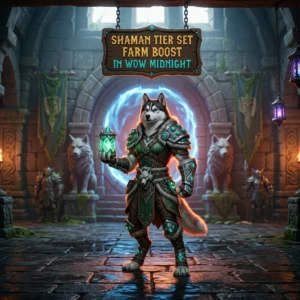 Promotional image for the Shaman Tier Set Farm Boost service in WoW Midnight