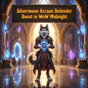 Promotional image for the Silvermoon Arcane Defender Boost service in WoW Midnight
