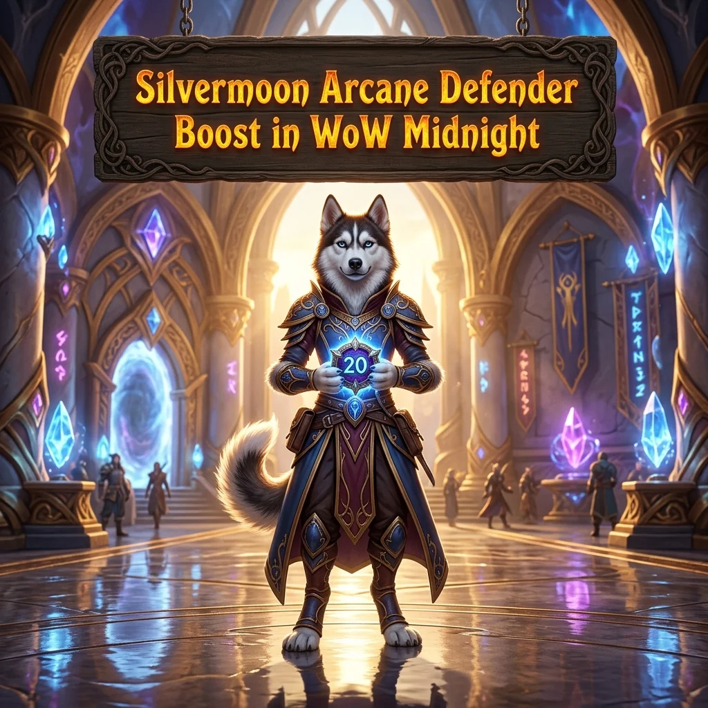 Promotional image for the Silvermoon Arcane Defender Boost service in WoW Midnight