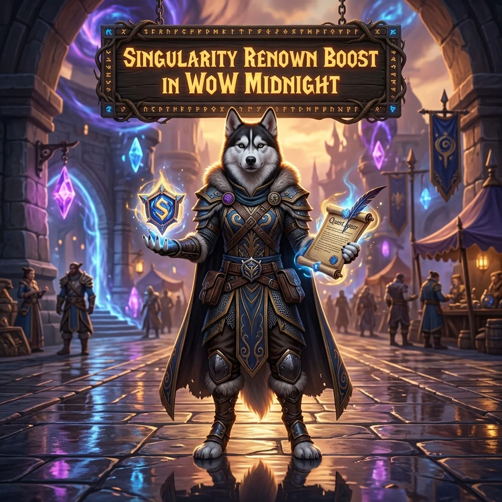 Promotional image representing the Singularity Renown Boost service for World of Warcraft: Midnight.