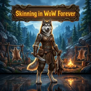 Promotional image for the Skinning Boost service in WoW Forever, focused on the product’s skinning-related game service.