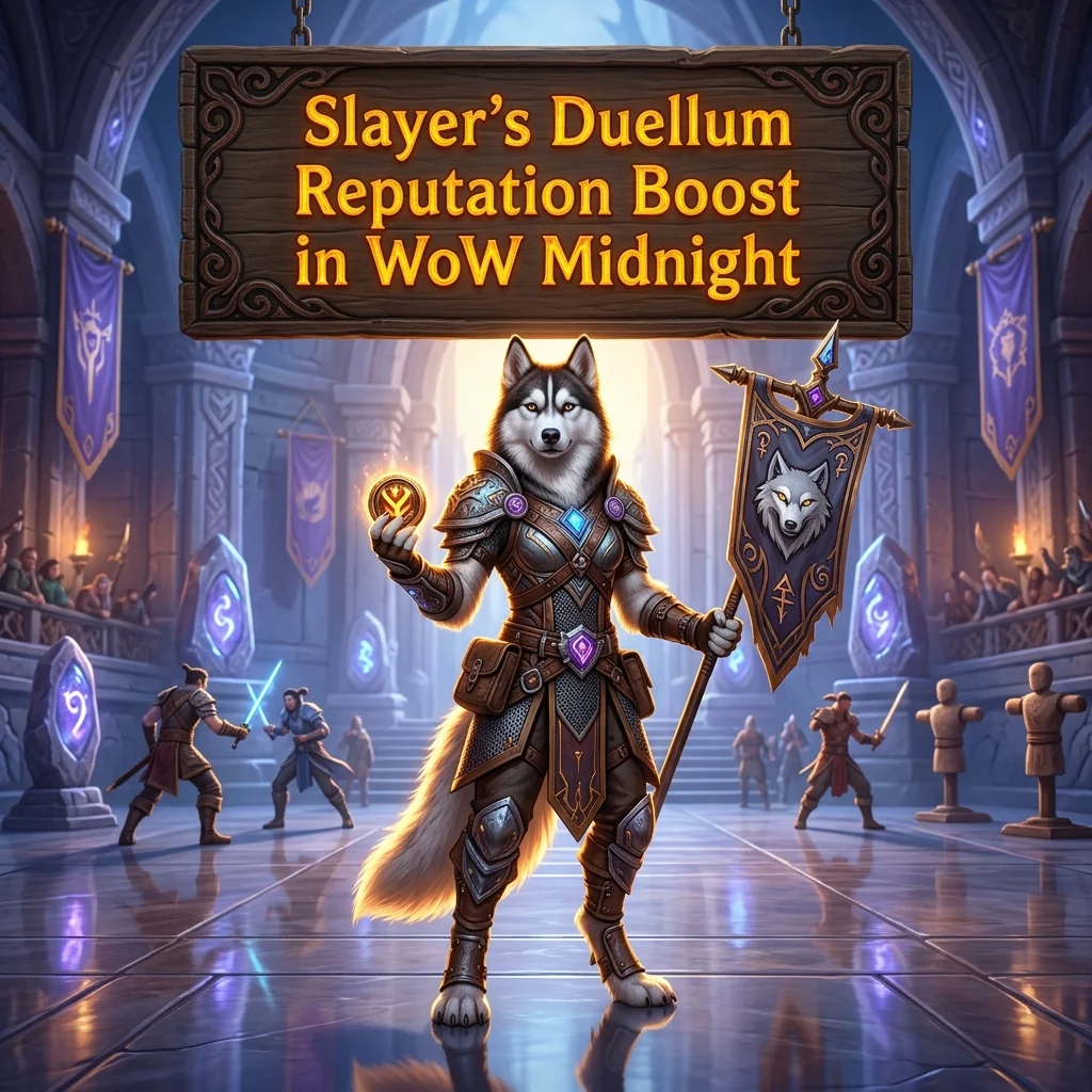 Promotional image for Slayer’s Duellum Reputation Boost service in WoW Midnight.