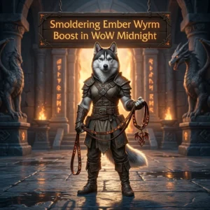 Promotional image for the Smoldering Ember Wyrm Boost service in WoW Midnight.