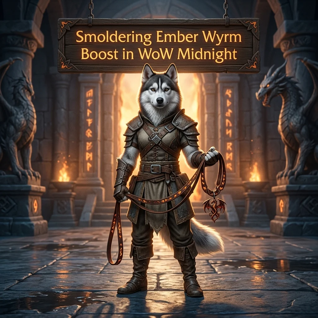 Promotional image for the Smoldering Ember Wyrm Boost service in WoW Midnight.