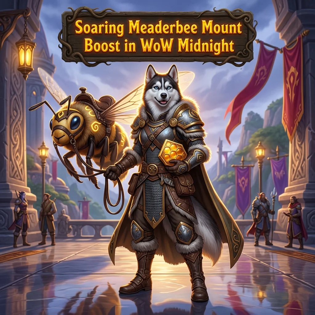 Promotional image for the Soaring Meaderbee Mount Boost service in WoW Midnight
