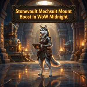 Promotional image for the Stonevault Mechsuit Mount Boost service in WoW Midnight.