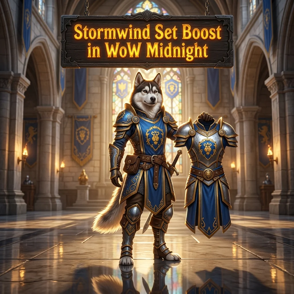 Promotional image for the Stormwind Set Boost service in WoW Midnight