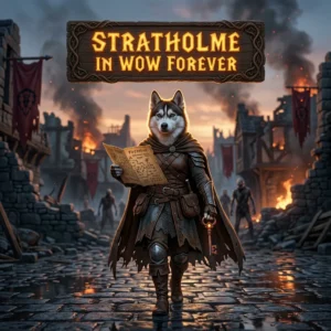Promotional image for the Stratholme Boost service in WoW Forever, identifying the product and its Stratholme boost focus.