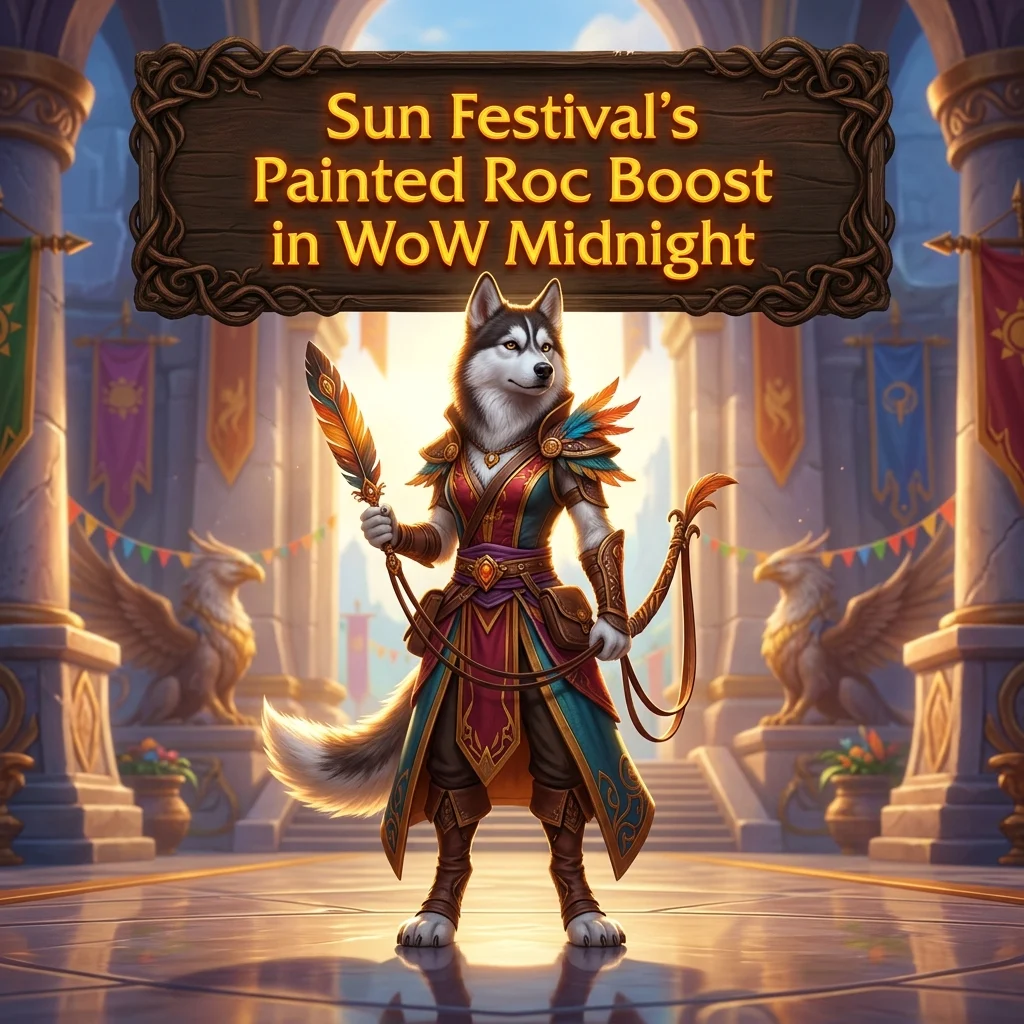 Promotional image for the Sun Festival’s Painted Roc Boost service in World of Warcraft: Midnight