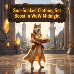 Promotional image for the Sun-Soaked Clothing Set Boost service in WoW Midnight.