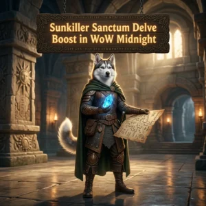 Promotional image for Sunkiller Sanctum Delve Boost in WoW Midnight.