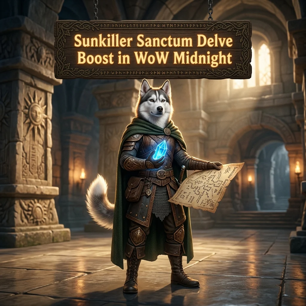 Promotional image for Sunkiller Sanctum Delve Boost in WoW Midnight.