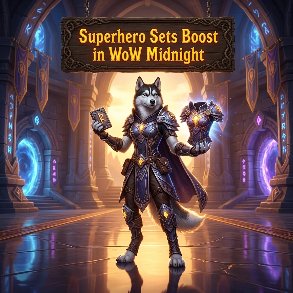Promotional image for the Superhero Sets Boost service in WoW Midnight.