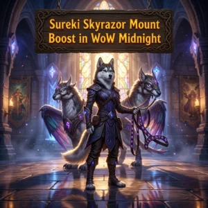 Promotional image representing the Sureki Skyrazor Mount Boost service in World of Warcraft: Midnight.