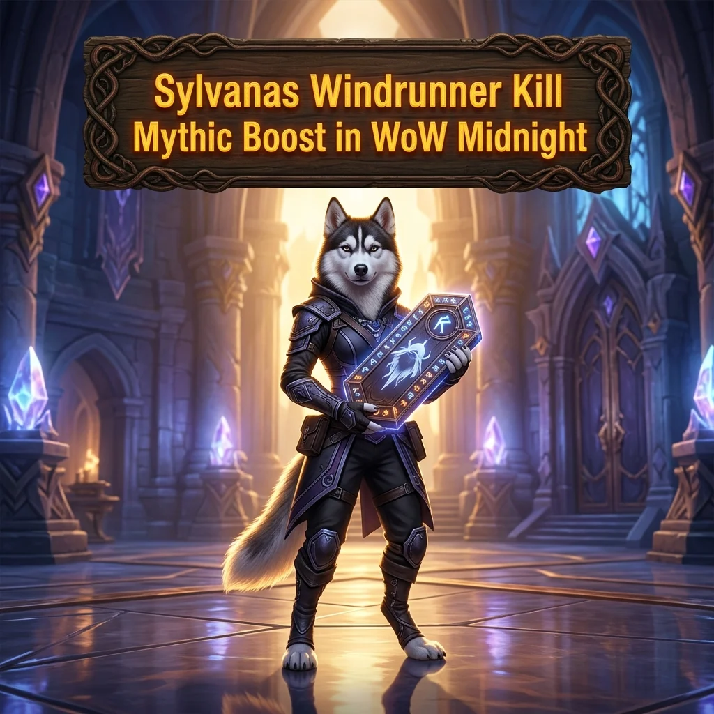 Promotional image for the Sylvanas Windrunner Kill Mythic Boost service in WoW Midnight.