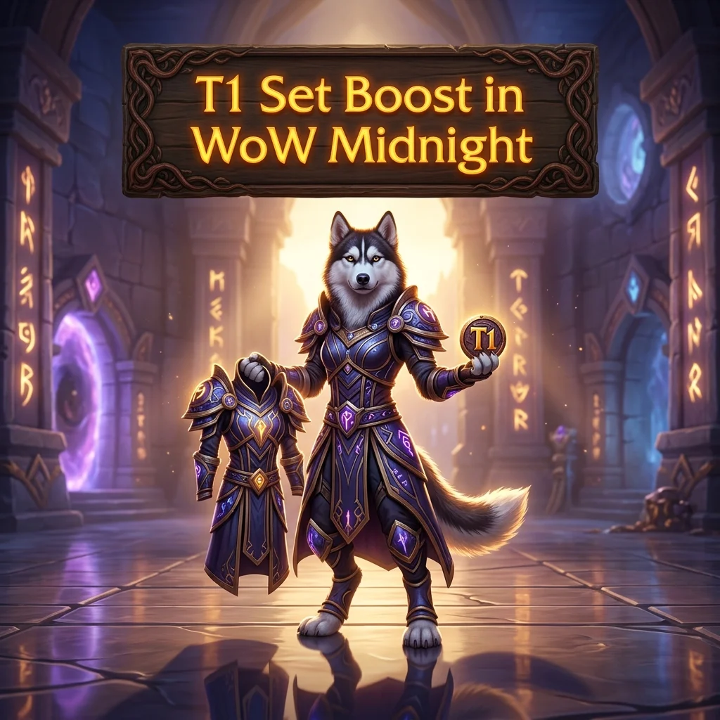 Promotional image for the T1 Set Boost service in WoW Midnight, representing the specific boost product.