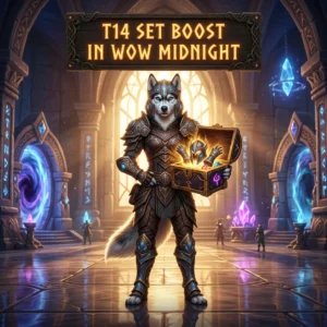 Promotional image for the T14 Set Boost service in WoW Midnight, identifying the product offering.
