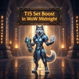 Promotional image for the T15 Set Boost service in WoW Midnight, focused on obtaining the T15 set.
