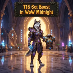 Promotional image for the T16 Set Boost service in WoW Midnight, representing this specific in-game boosting product