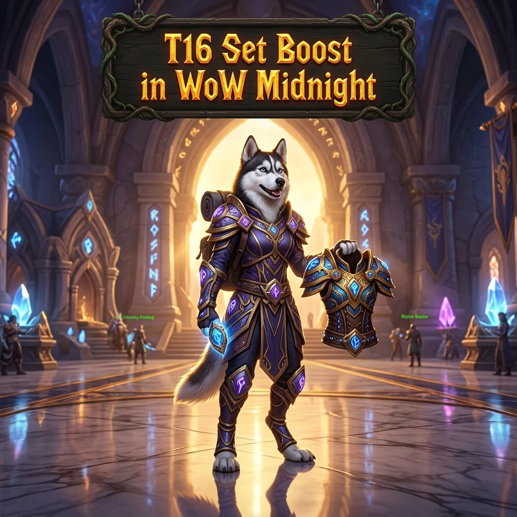 Promotional image for the T16 Set Boost service in WoW Midnight, representing this specific in-game boosting product