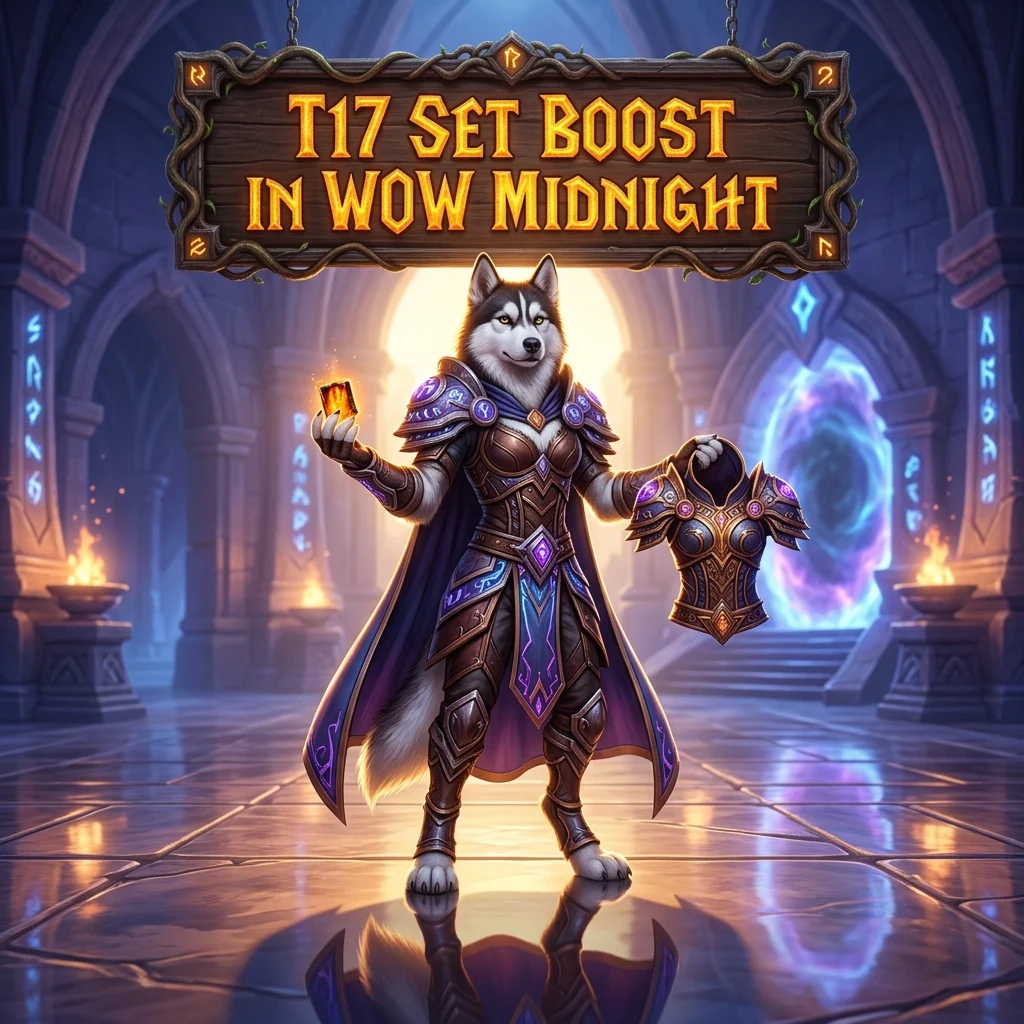 Promotional image for the T17 Set Boost service in WoW Midnight, identifying the named in-game boost offering.
