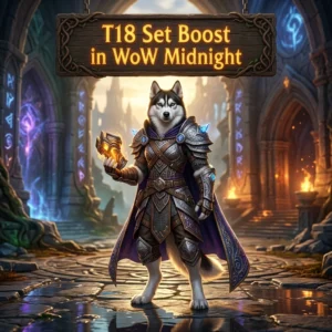 Promotional image for the T18 Set Boost service in WoW Midnight, focused on the T18 set within World of Warcraft: Midnight.