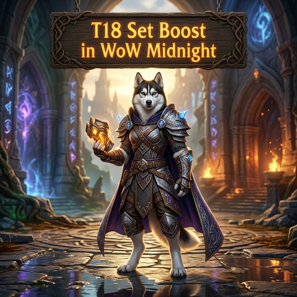 Promotional image for the T18 Set Boost service in WoW Midnight, focused on the T18 set within World of Warcraft: Midnight.