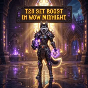 Promotional image for the T28 Set Boost service in WoW Midnight, identifying the product for players seeking this specific set boost.