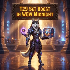 Promotional graphic for the T29 Set Boost service in WoW Midnight, identifying the service by its product name.