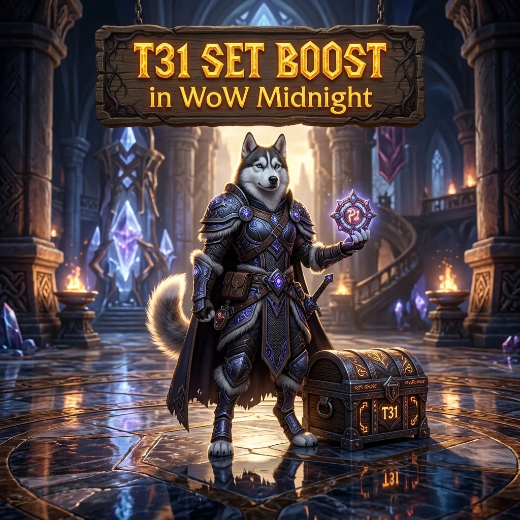 Promotional image for the T31 Set Boost service in WoW Midnight, focused on the T31 set.