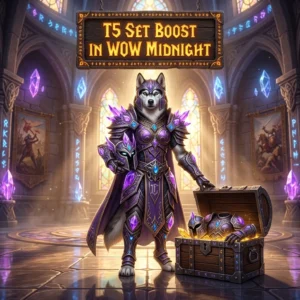 Promotional image for the T5 Set Boost service associated with WoW Midnight