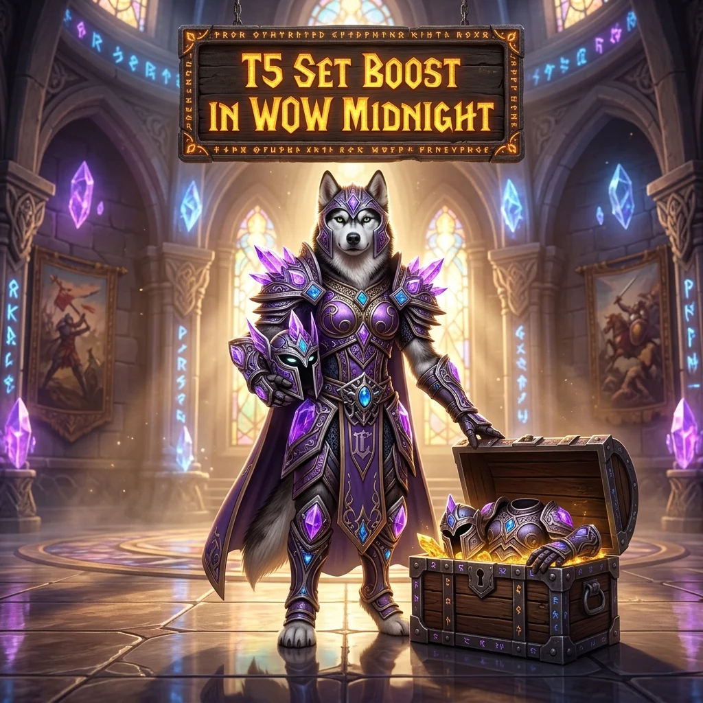 Promotional image for the T5 Set Boost service associated with WoW Midnight