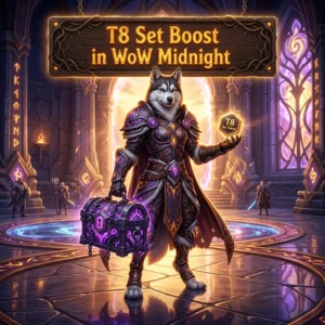Promotional image for the T8 Set Boost service in WoW Midnight, focused on obtaining the T8 set