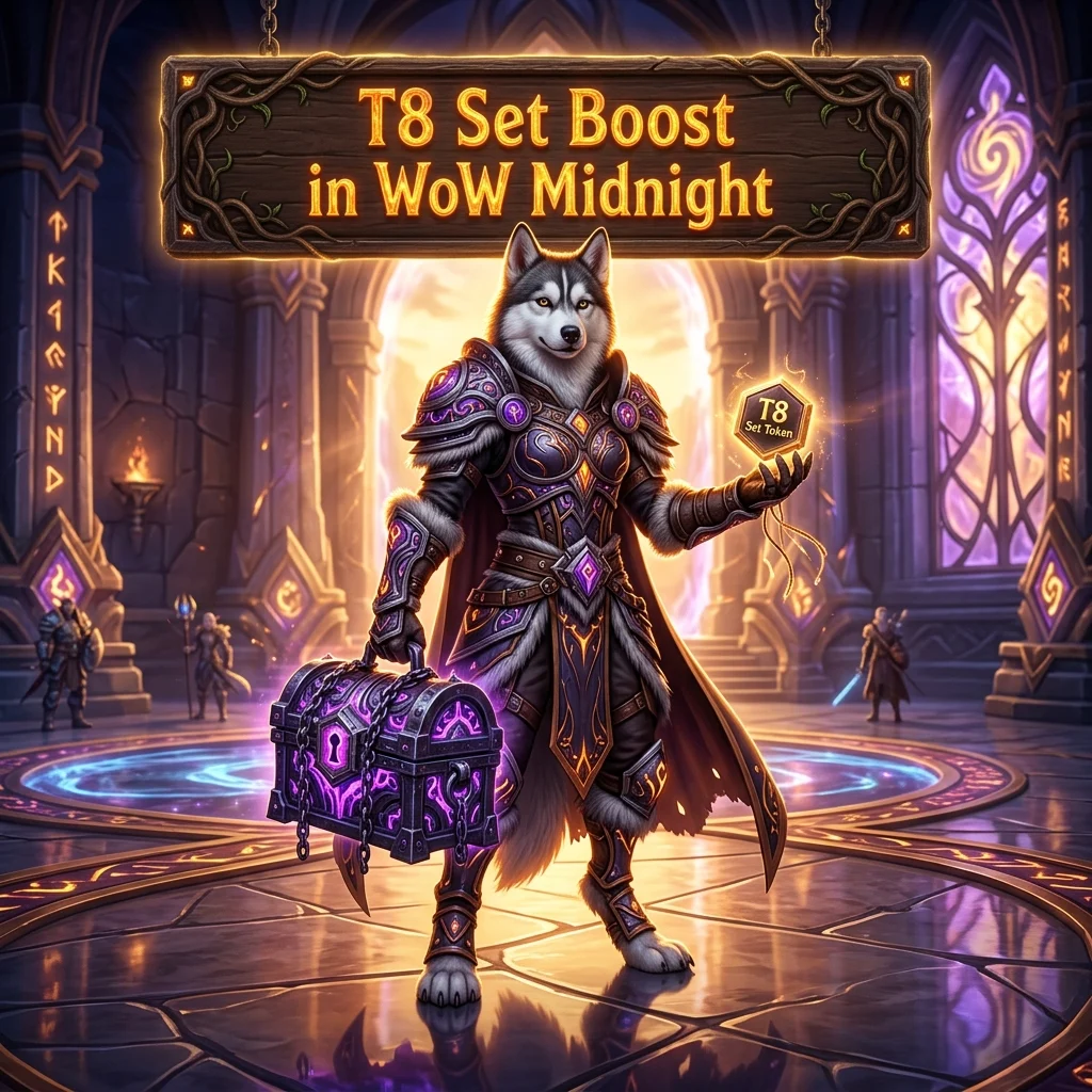 Promotional image for the T8 Set Boost service in WoW Midnight, focused on obtaining the T8 set