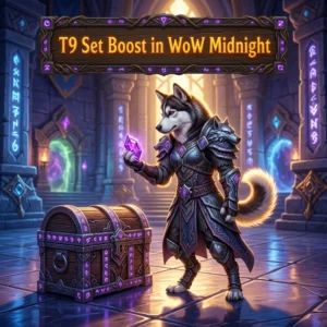 Promotional image for the T9 Set Boost service in WoW Midnight, focused on the T9 set